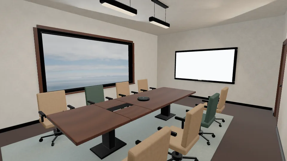 Meeting room: a long table with chairs, a wall display and a panoramic window